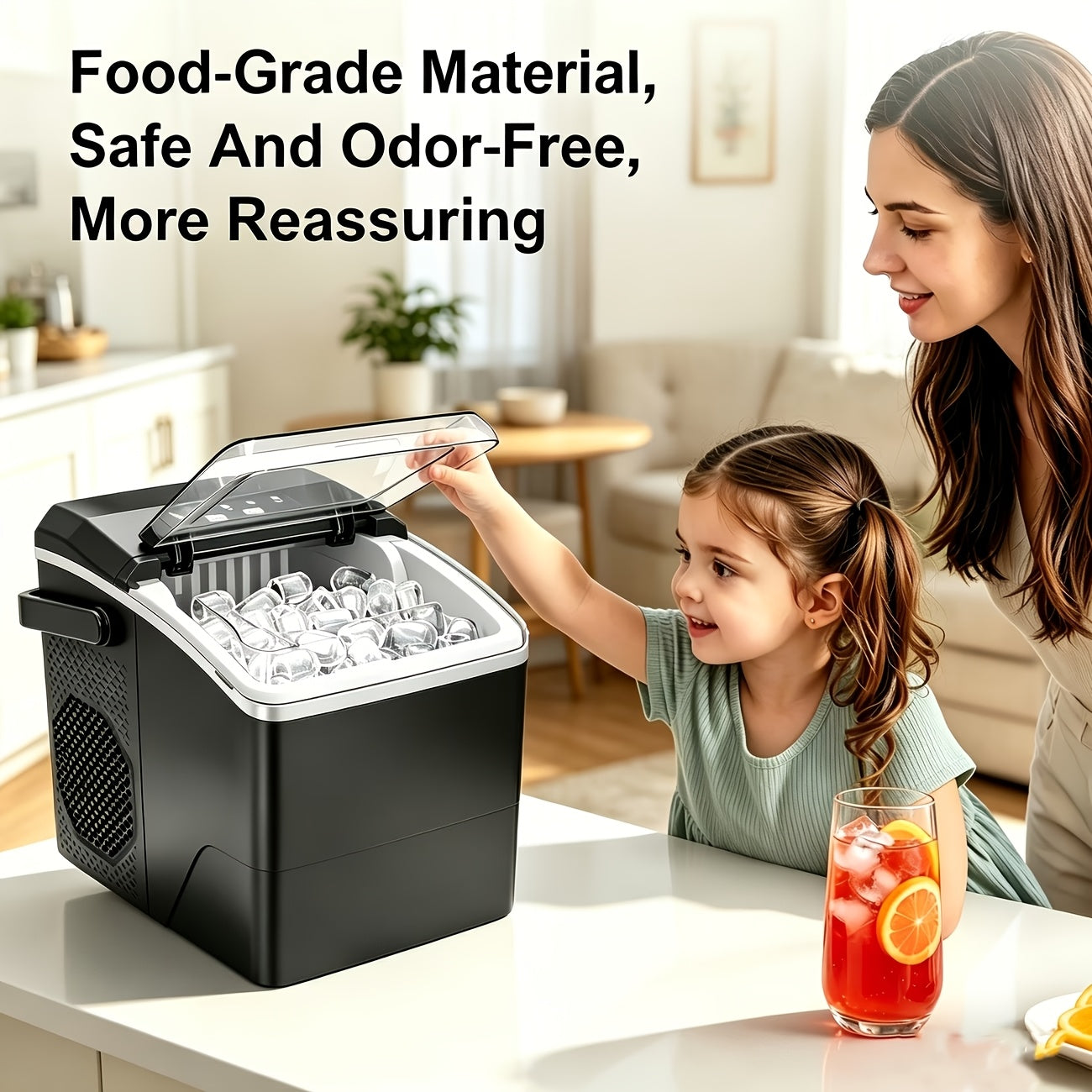 Tragbare Eiswürfelmaschine mit Selbstreinigungsfunktion und zwei Eiswürfelgrößen