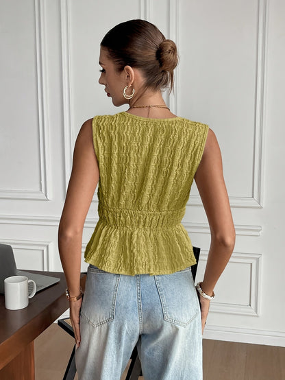Ženska casual elegantna bluza bez rukava – francuski stil s V-izrezom i naborima