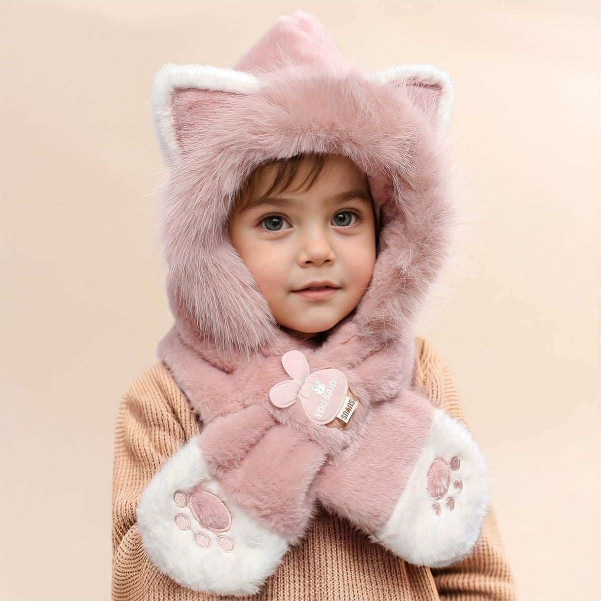Gorro de peluche para crianças com capuz e design de gato