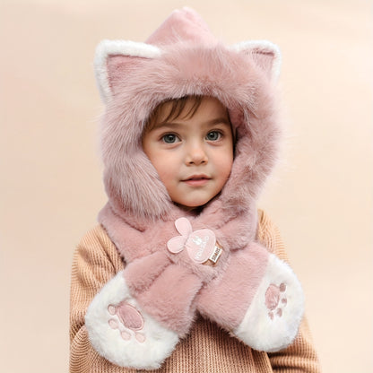 Gorro de peluche para crianças com capuz e design de gato
