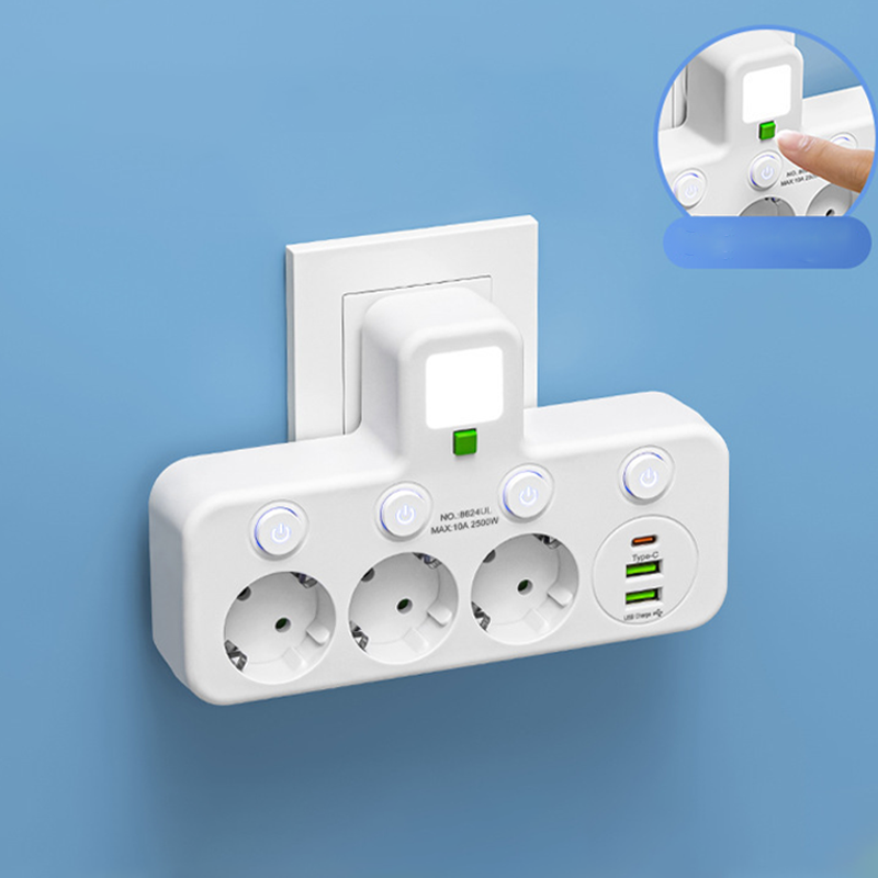 Regleta de pared con 4 tomas, puertos USB y luz nocturna