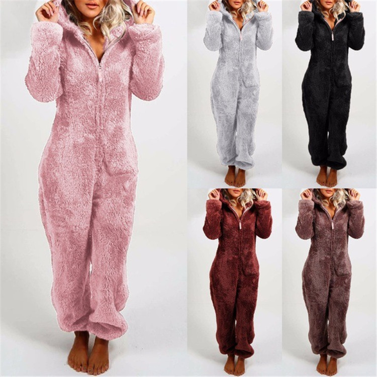 Damen-Plüsch-Jumpsuit mit Kapuze und Reissverschluss