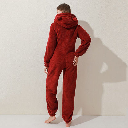 Damen-Plüsch-Jumpsuit mit Kapuze und Reissverschluss