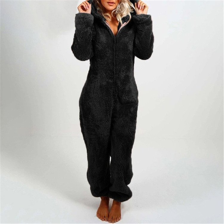 Damen-Plüsch-Jumpsuit mit Kapuze und Reissverschluss
