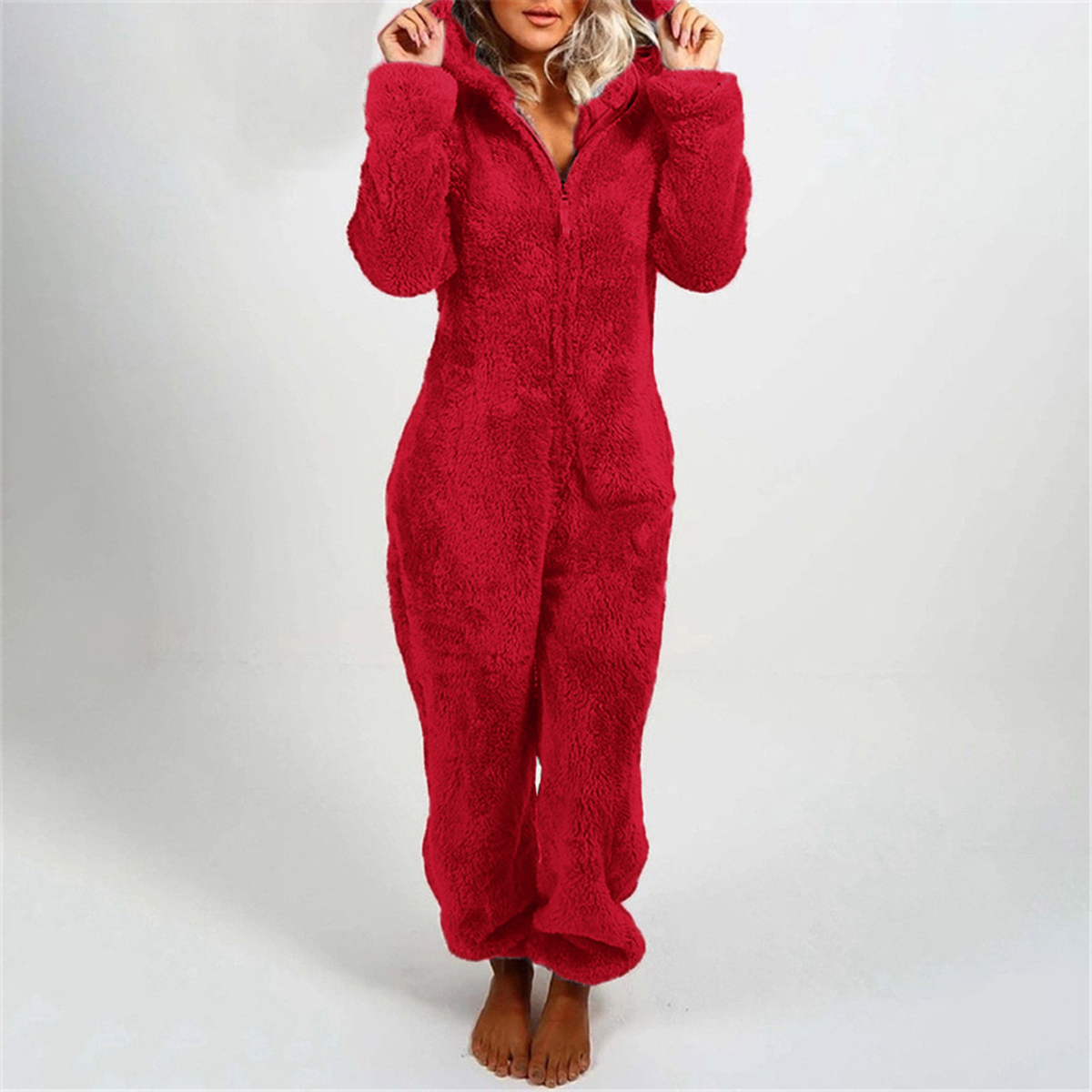 Damen-Plüsch-Jumpsuit mit Kapuze und Reissverschluss