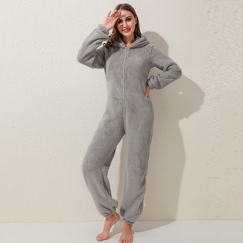 Damen-Plüsch-Jumpsuit mit Kapuze und Reissverschluss