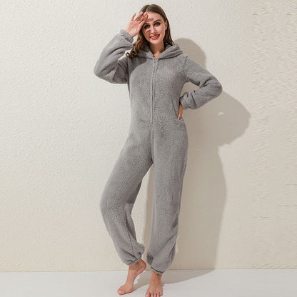 Damen-Plüsch-Jumpsuit mit Kapuze und Reissverschluss
