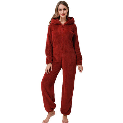 Damen-Plüsch-Jumpsuit mit Kapuze und Reissverschluss