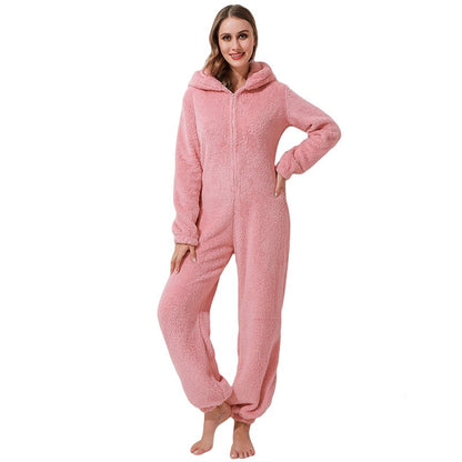 Damen-Plüsch-Jumpsuit mit Kapuze und Reissverschluss