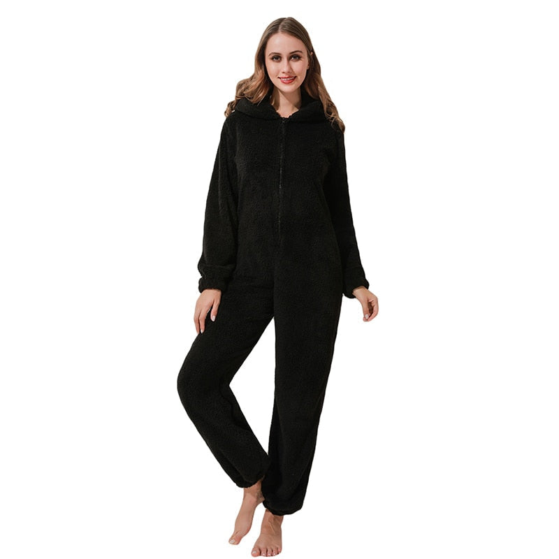 Damen-Plüsch-Jumpsuit mit Kapuze und Reissverschluss