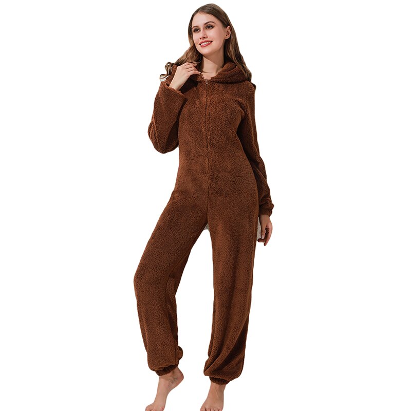 Damen-Plüsch-Jumpsuit mit Kapuze und Reissverschluss