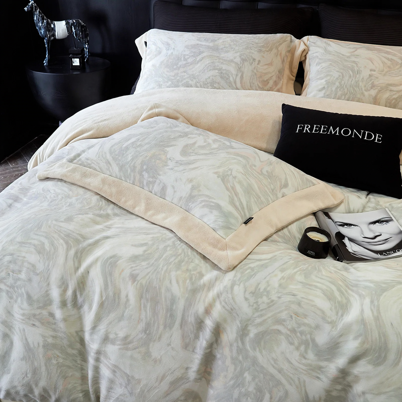 Juego de ropa de cama de invierno de 4 piezas con estampado floral de mármol