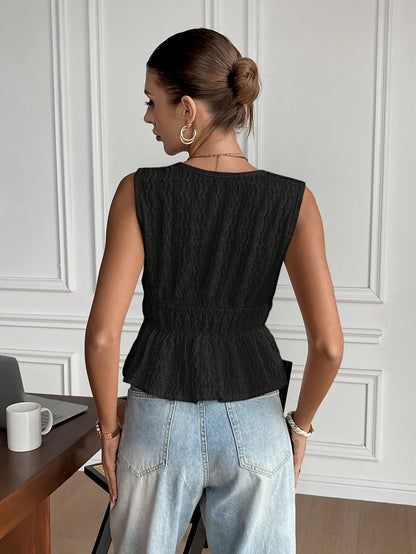 Ženska casual elegantna bluza bez rukava – francuski stil s V-izrezom i naborima