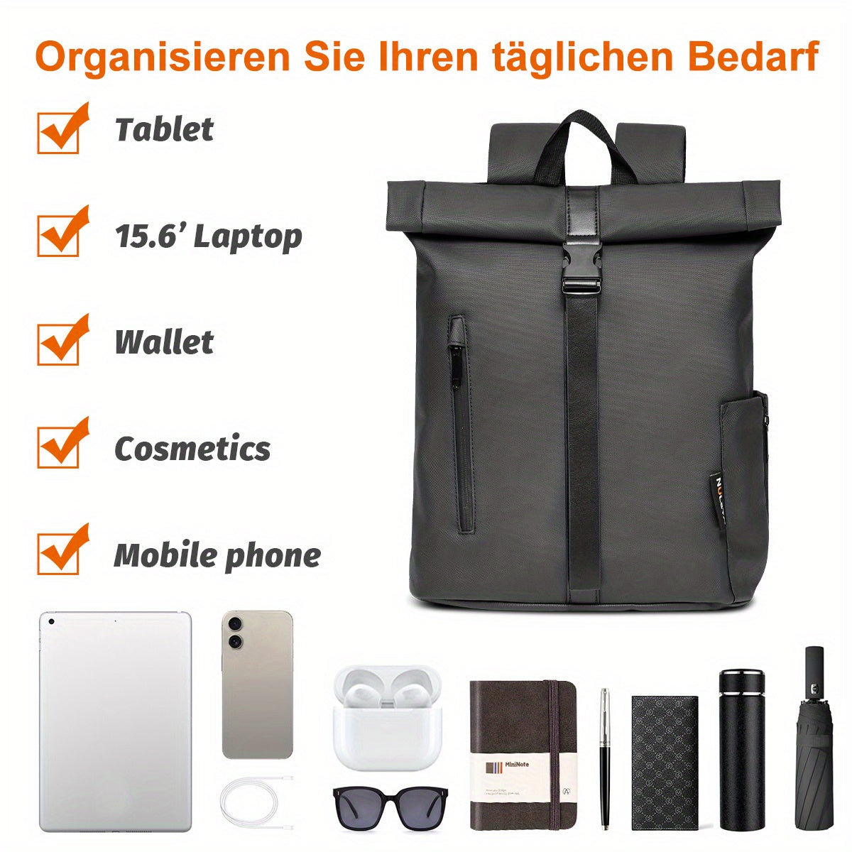 Mochila enrollable ligera con varios compartimentos