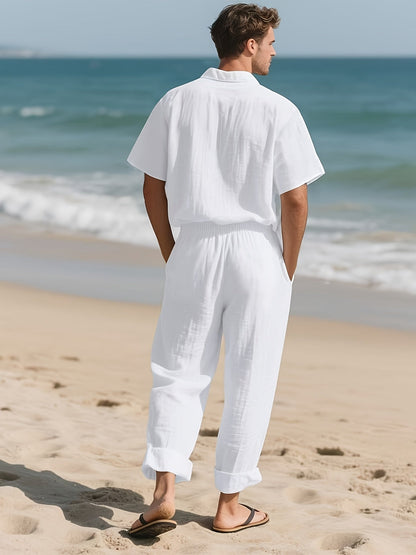 Conjunto casual para homem em linho – Confortável e arejado, com calças compridas e mangas curtas.