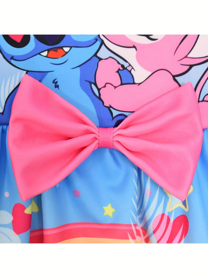 Disney Stitch djevojačka haljina bez rukava s okruglim izrezom, mašnom i cvjetnim uzorkom – lagani poliester-spandeks