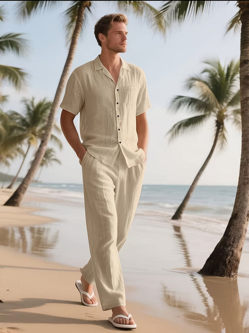 Conjunto casual para homem em linho – Confortável e arejado, com calças compridas e mangas curtas.