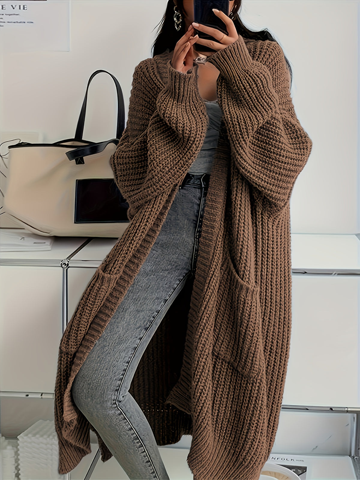 Damen Longline Strickcardigan mit Taschen