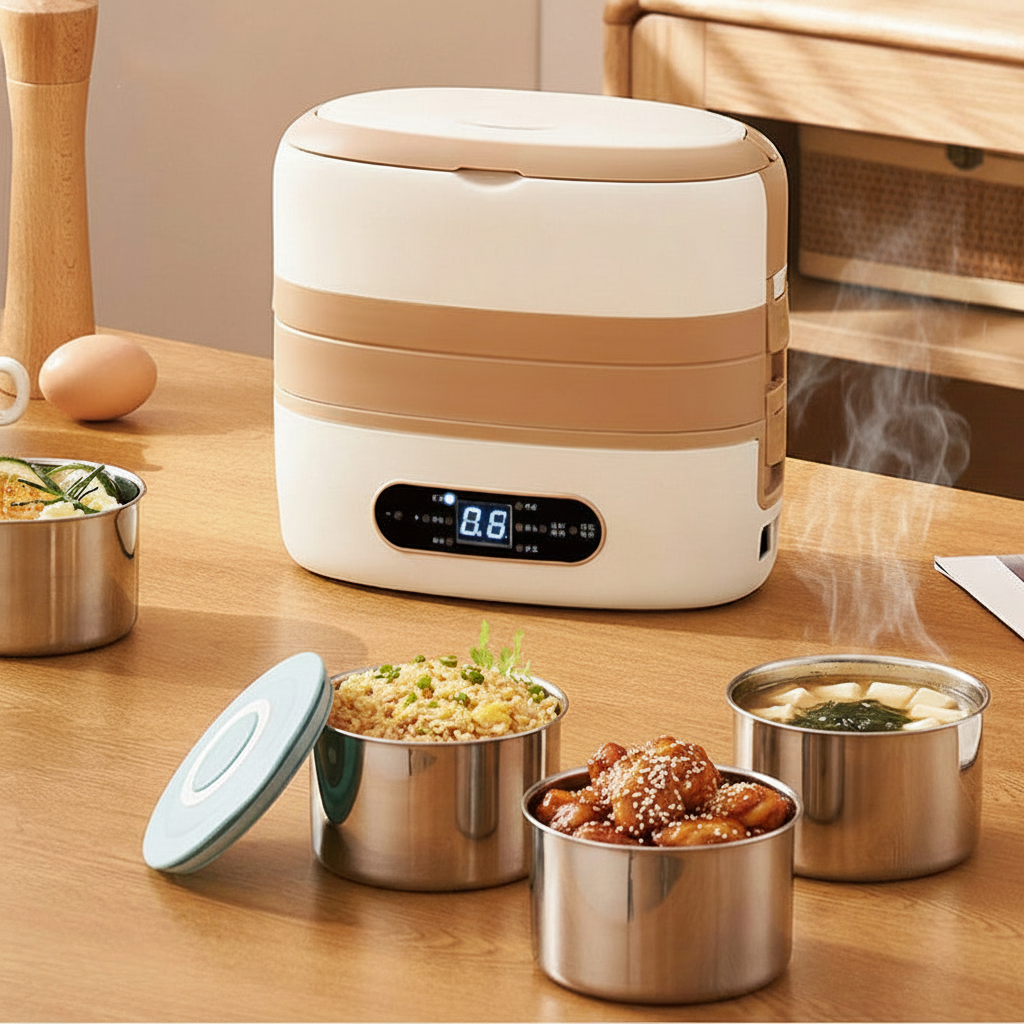 Elektrische Lunchbox mit Edelstahlbehältern und Temperaturanzeige