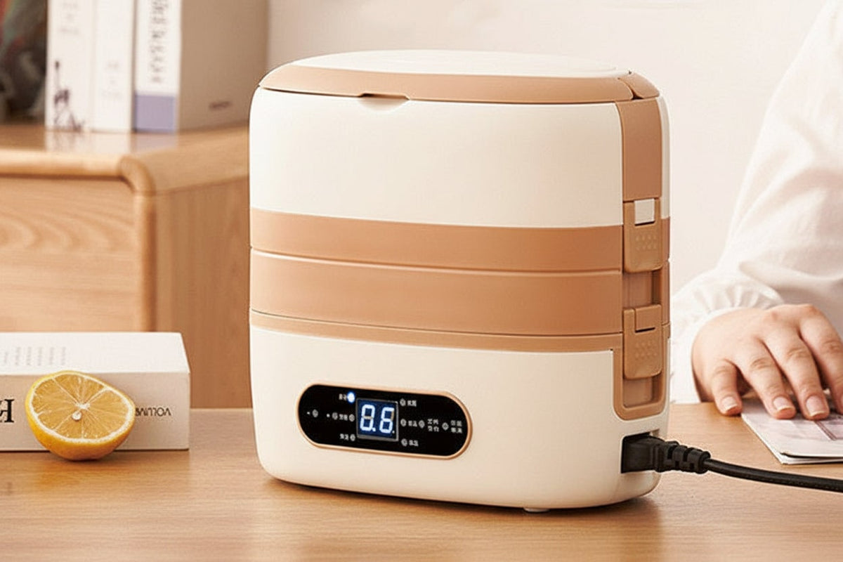 Elektrische Lunchbox mit Edelstahlbehältern und Temperaturanzeige