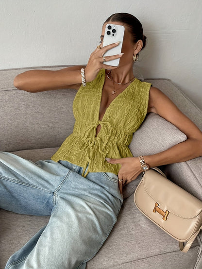 Ženska casual elegantna bluza bez rukava – francuski stil s V-izrezom i naborima