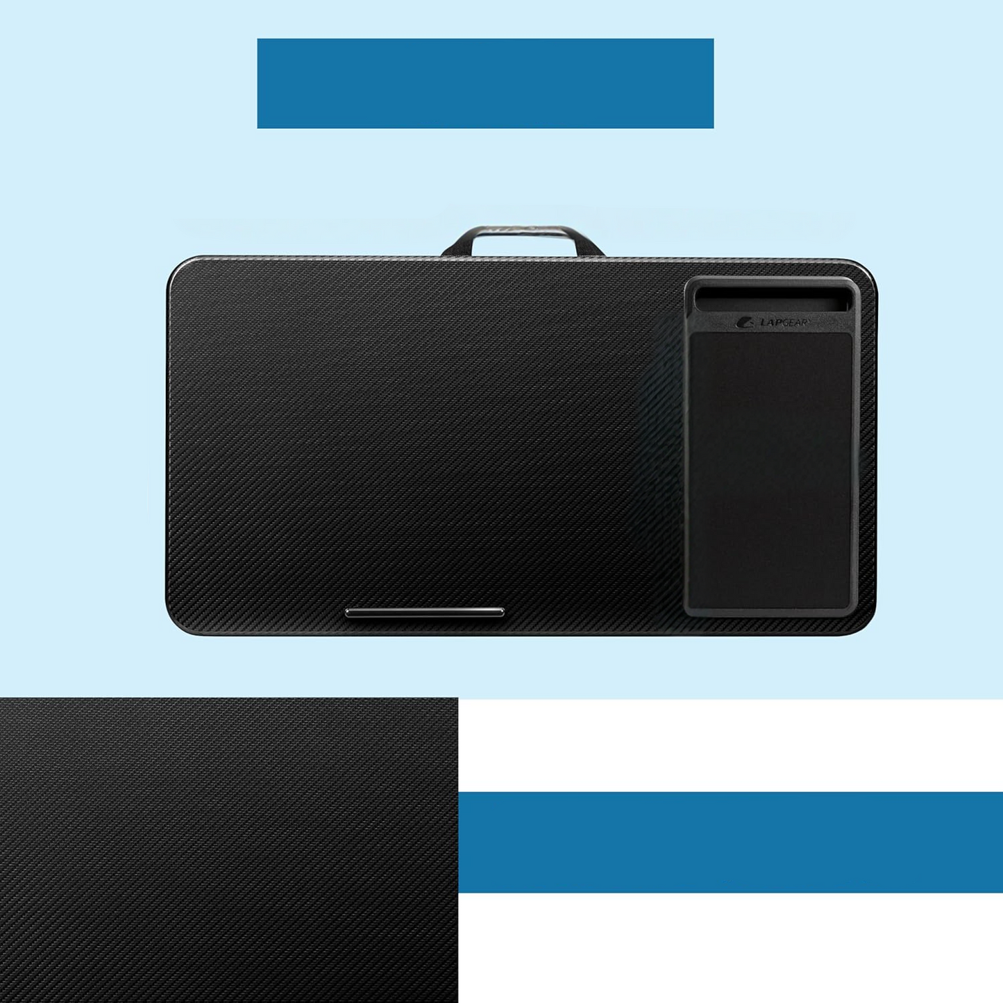 Secretária portátil para computador portátil com suporte para dispositivos e pega de transporte
