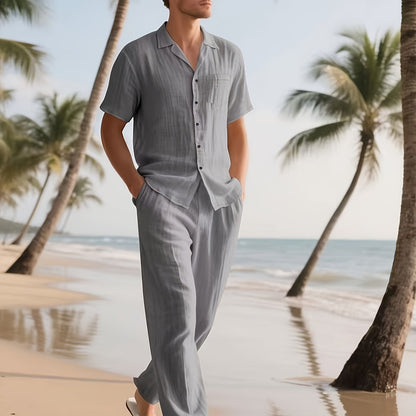 Conjunto casual para homem em linho – Confortável e arejado, com calças compridas e mangas curtas.