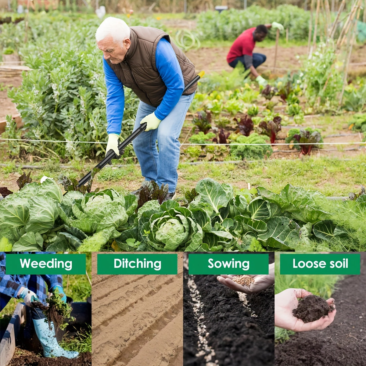 Herramienta de jardín ergonómica de acero inoxidable con cabezal triangular: para desherbar y cultivar la tierra.