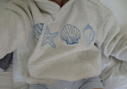 Sweatshirt com capuz para senhora, estampado de conchas, com capuz e bolso canguru