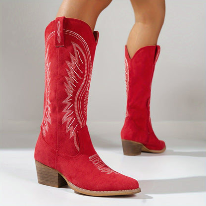 Botas vaqueras bordadas para mujer con punta puntiaguda y tacón medio