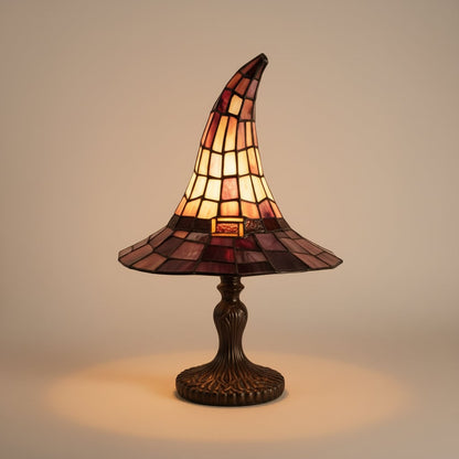 Tischleuchte im Hexenhut-Design aus Buntglas