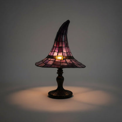 Tischleuchte im Hexenhut-Design aus Buntglas