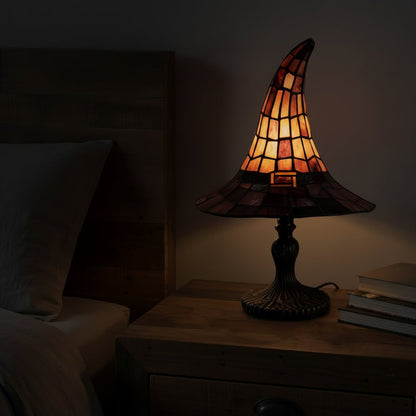 Tischleuchte im Hexenhut-Design aus Buntglas