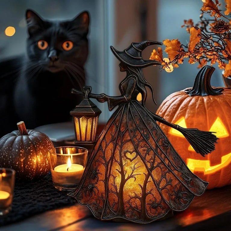 Figura de bruja de Halloween con farol LED