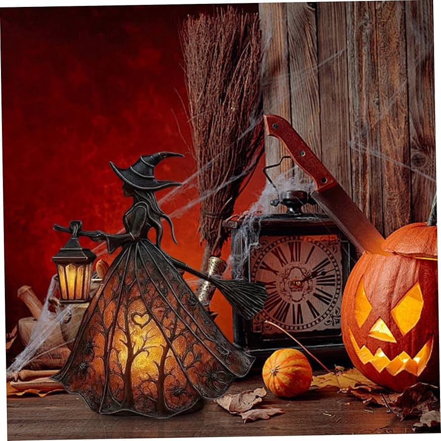 Figura de bruja de Halloween con farol LED