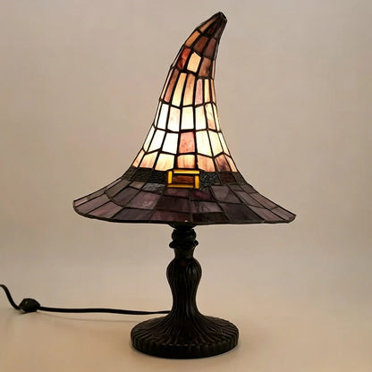 Lámpara de mesa de Halloween con forma de sombrero de bruja y efecto de vidriera