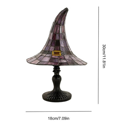 Lámpara de mesa de Halloween con forma de sombrero de bruja y efecto de vidriera