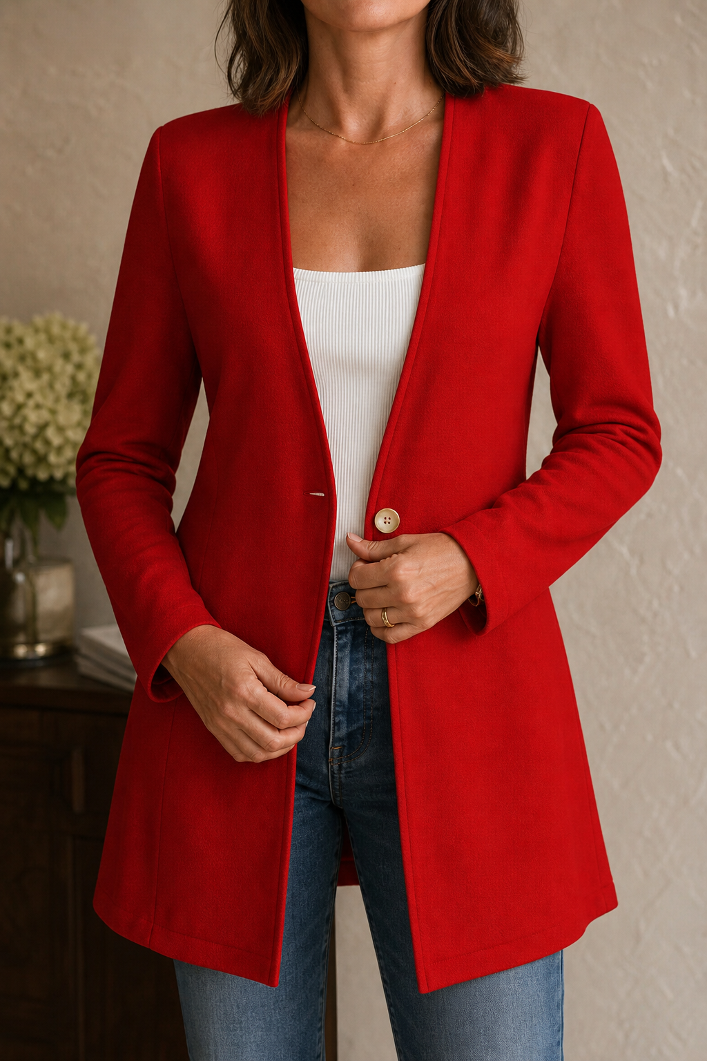 Damen Longblazer mit V-Ausschnitt und Knopfverschluss