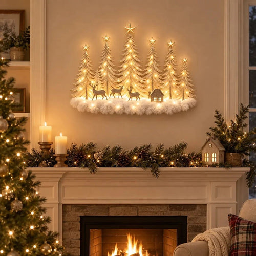 Decoração de parede iluminada com floresta de inverno e cenário natalício 3D