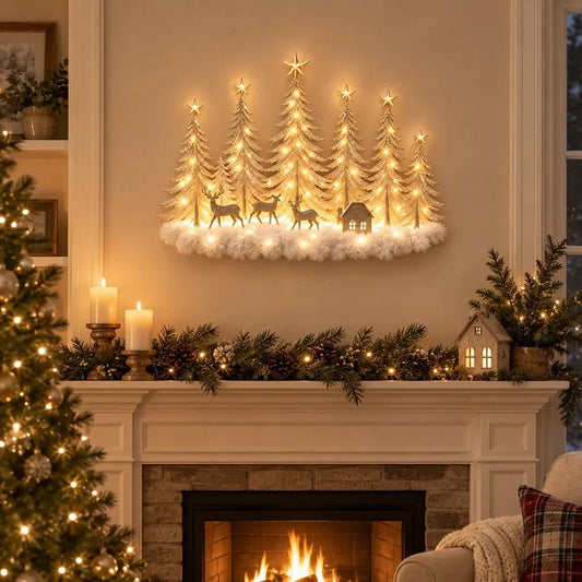 Decoração de parede iluminada com floresta de inverno e cenário natalício 3D