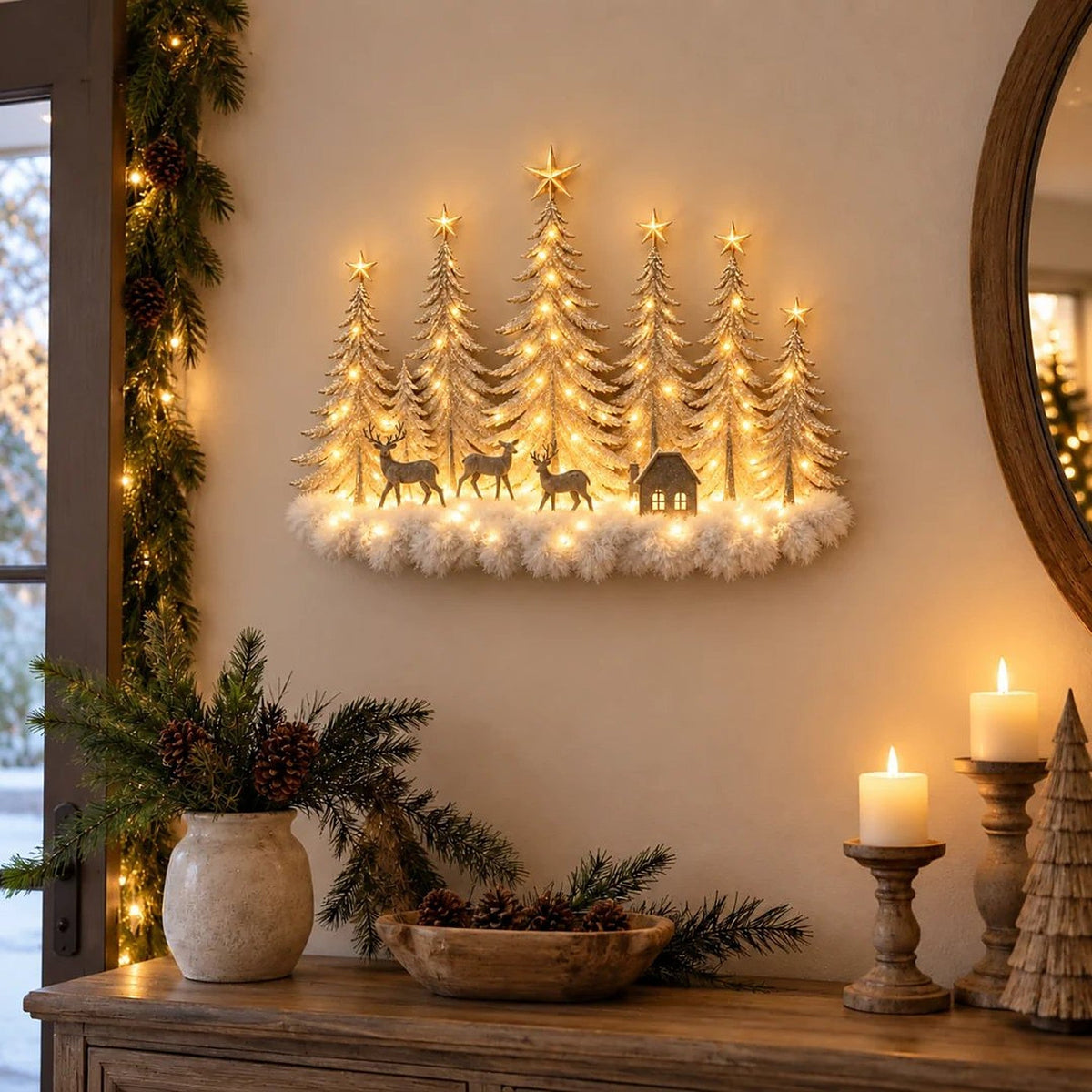 Decoração de parede iluminada com floresta de inverno e cenário natalício 3D