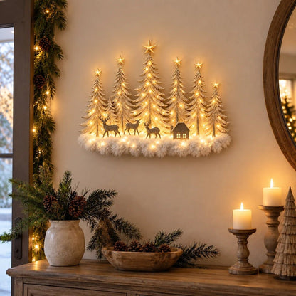 Decoração de parede iluminada com floresta de inverno e cenário natalício 3D