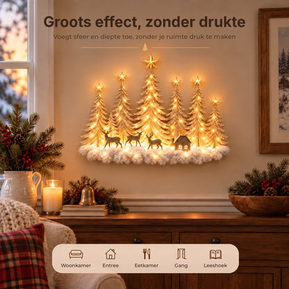 Decoração de parede iluminada com floresta de inverno e cenário natalício 3D