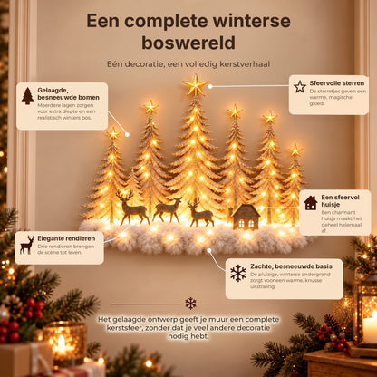 Decoração de parede iluminada com floresta de inverno e cenário natalício 3D
