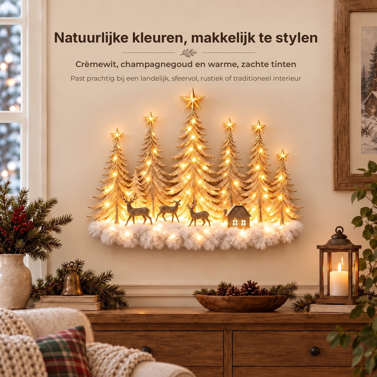 Decoração de parede iluminada com floresta de inverno e cenário natalício 3D