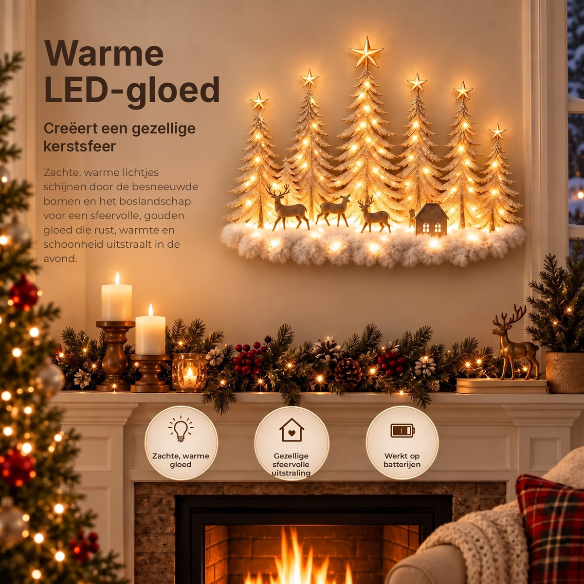 Decoração de parede iluminada com floresta de inverno e cenário natalício 3D