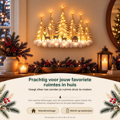 Decoração de parede iluminada com floresta de inverno e cenário natalício 3D