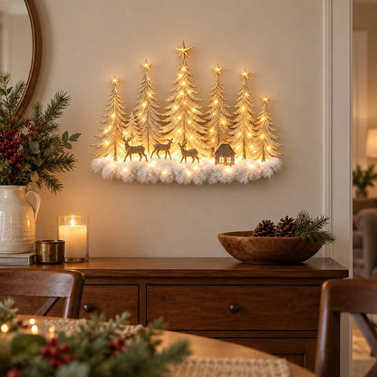 Decoração de parede iluminada com floresta de inverno e cenário natalício 3D