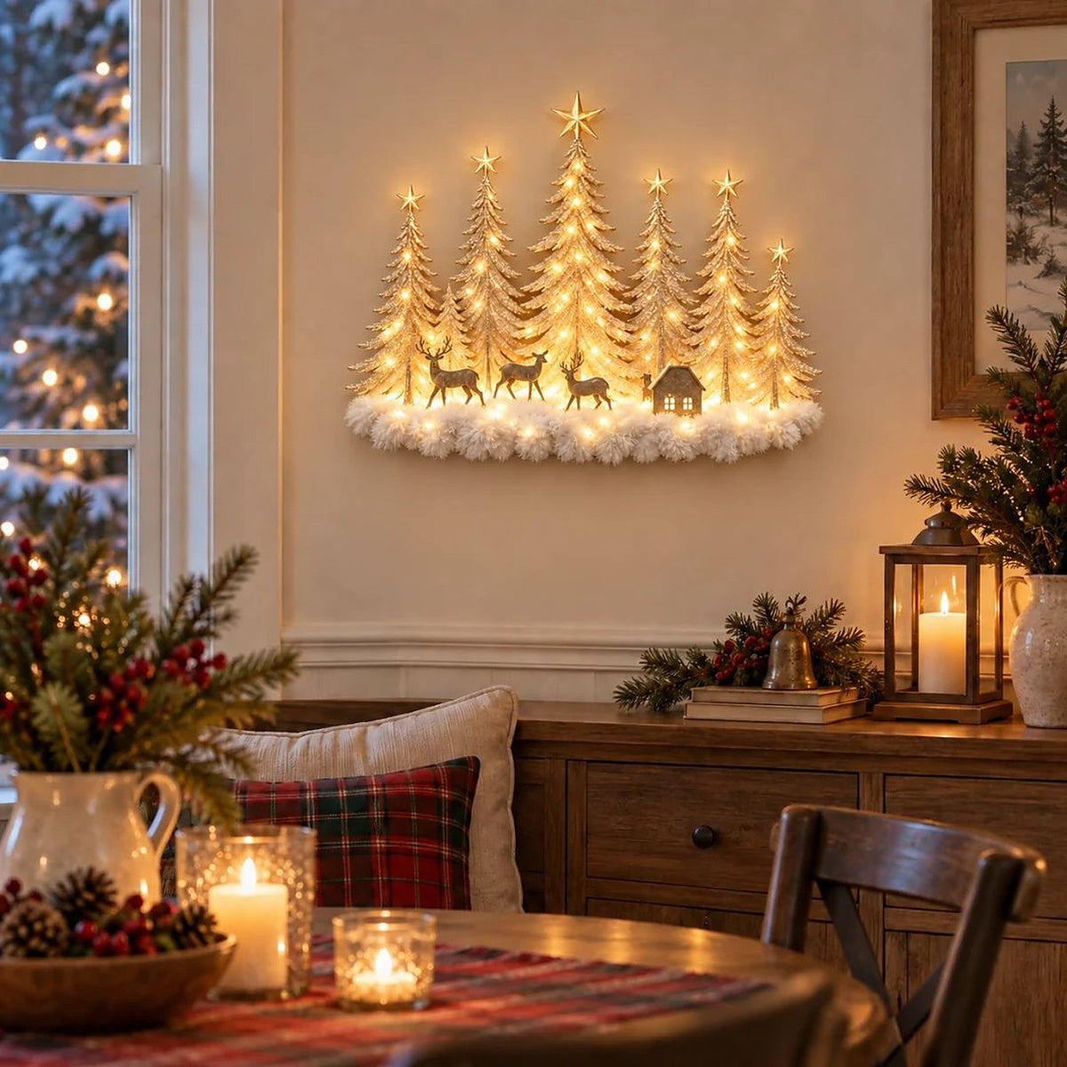 Decoração de parede iluminada com floresta de inverno e cenário natalício 3D
