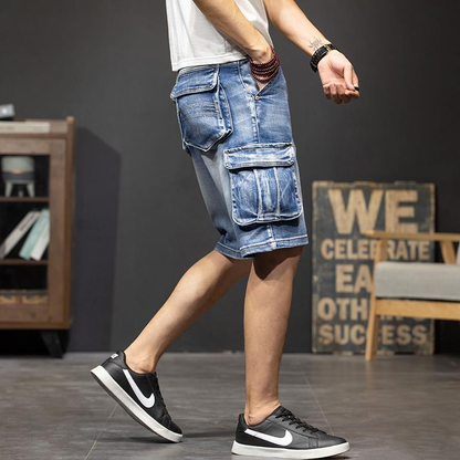 Pantalones cortos cargo de mezclilla casuales para hombre: resistentes y prácticos para el uso diario.